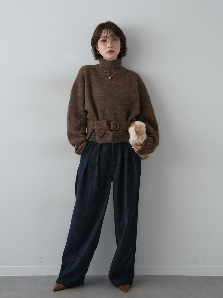 [予約]ウエストベルトハイネックニットトップス/brown