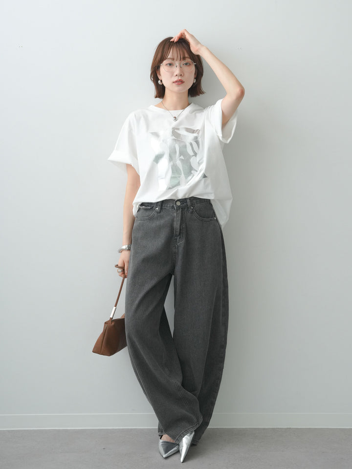 [SET]クールタッチアートロゴオーバーTEE+ニュアンスウォッシュカーブデニム(2set)