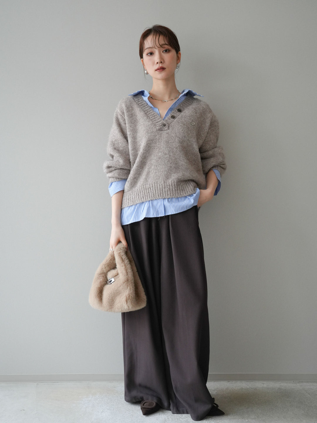 [SET]ストライプシャツドッキングMIXヤーンニットプルオーバー+ベルトループデザインワイドパンツ(2set)