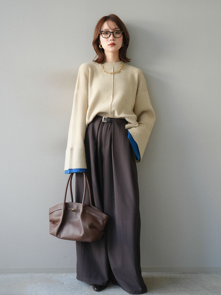 [予約]袖レイヤード配色ニットプルオーバー/ivory