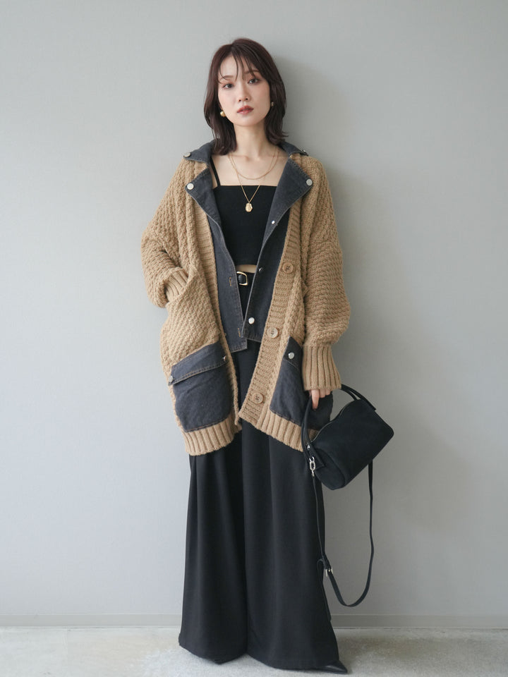 [予約]デニム襟レイヤードニットジャケット/beige
