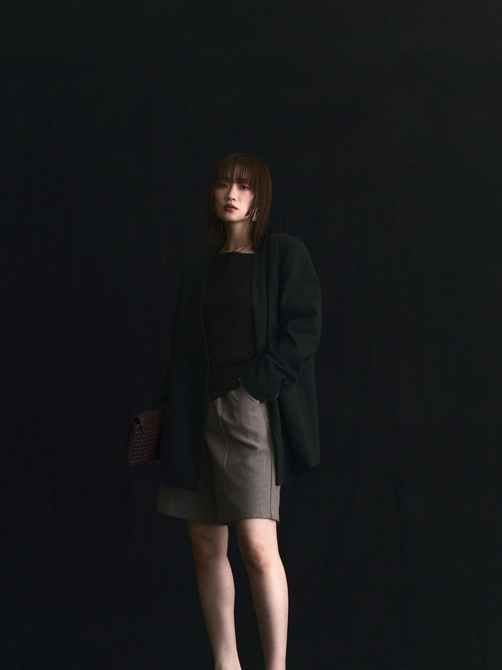 [予約]ノーカラーステッチデザインジャケット/ブラック