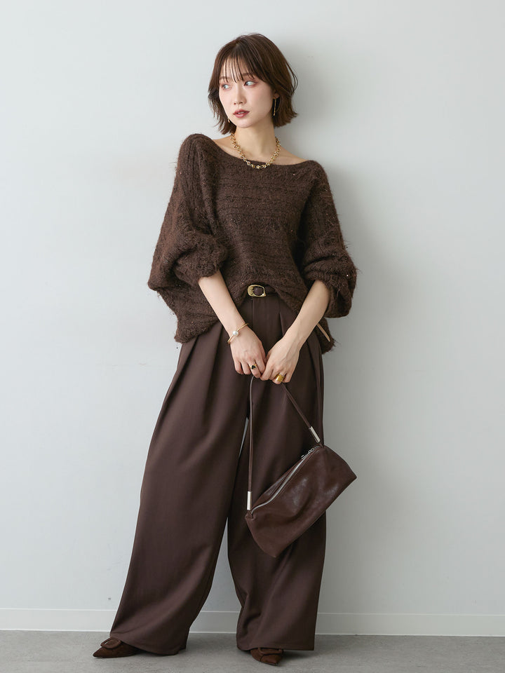 [予約]ミックス透かし編ワイドネックニットトップス/brown