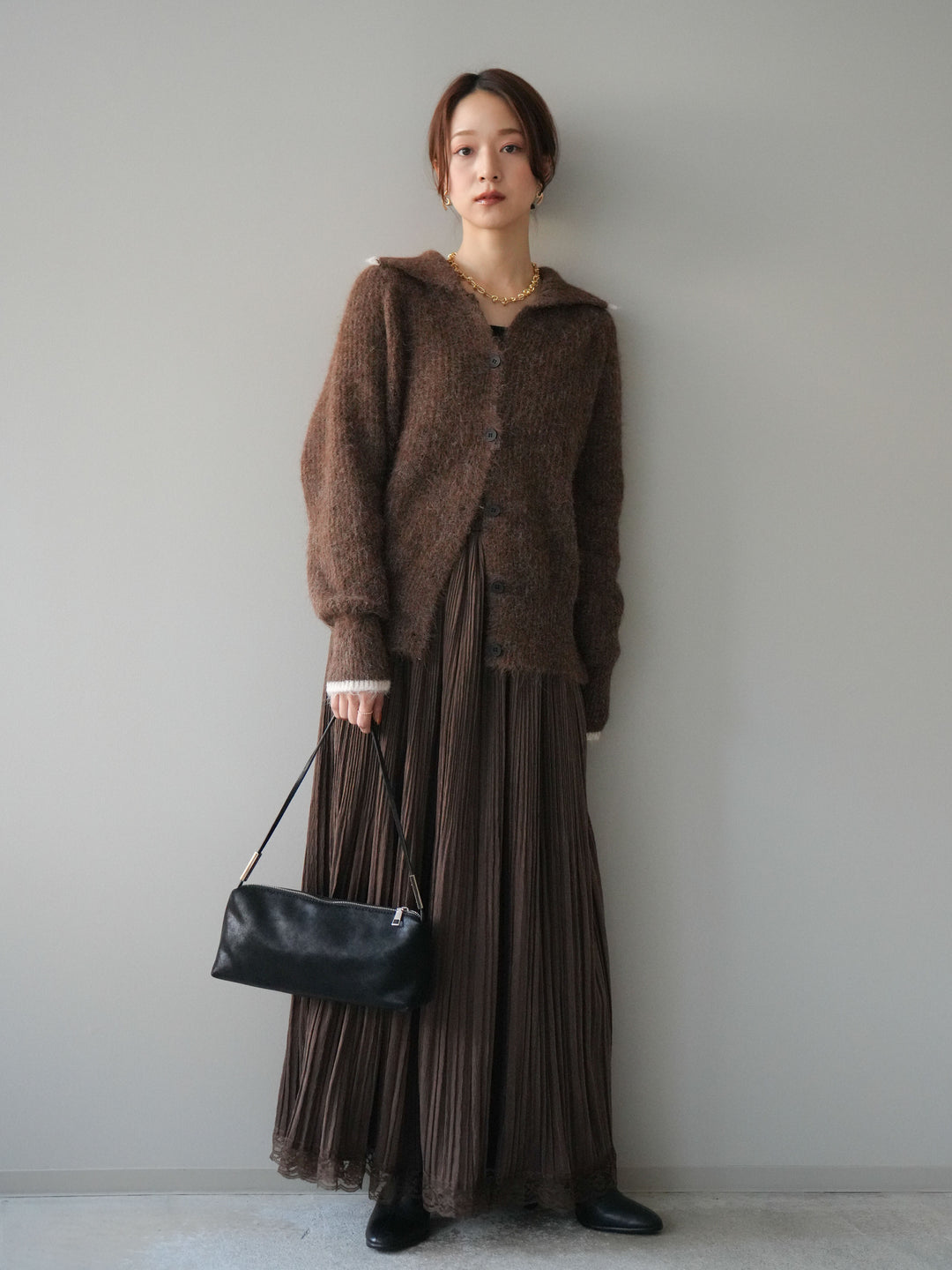 [予約]襟付きバイカラーミックスニットカーディガン/brown