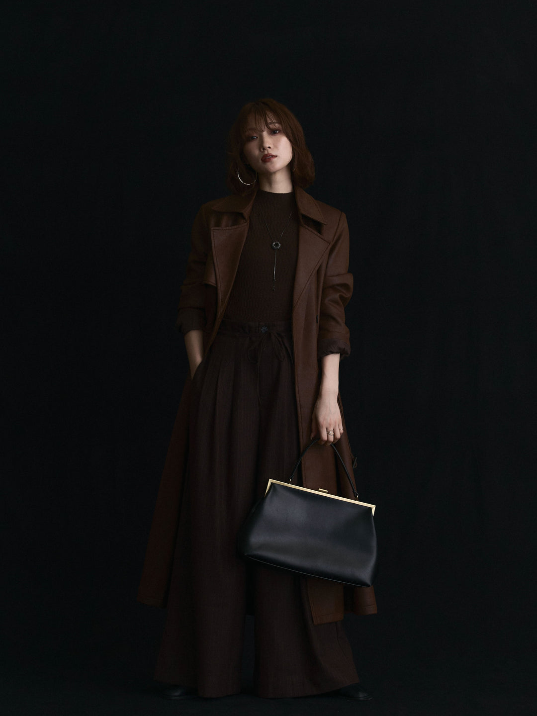 【Allure】[SET]デザインリブハーフニットトップス+ヴィンテージレザートレンチコート(2set)