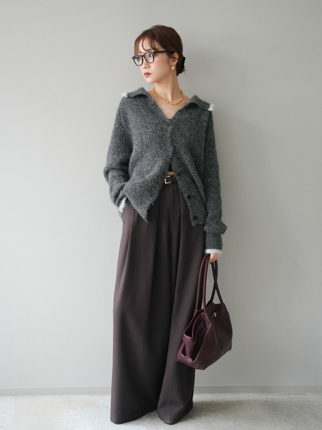 [予約]襟付きバイカラーミックスニットカーディガン/gray