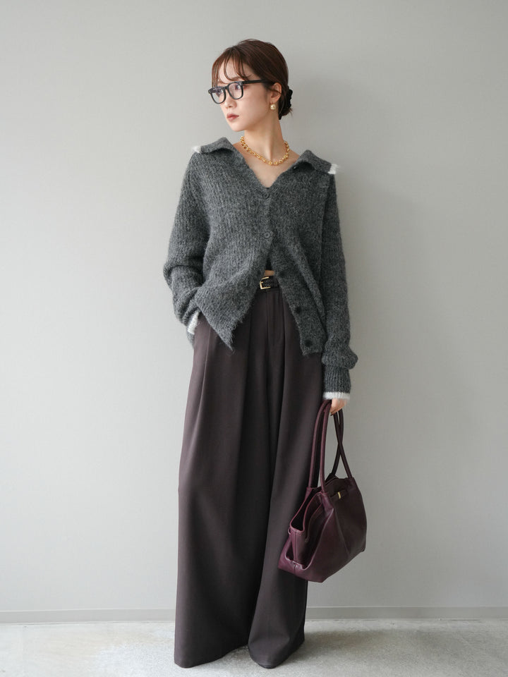 [予約]襟付きバイカラーミックスニットカーディガン/gray