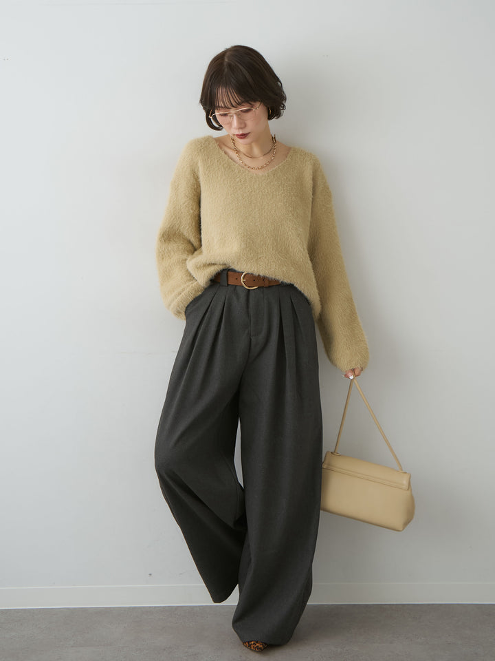 [SET]シャギーVネックニットトップス+ダブルタックドレープストレートワイドパンツ(2set)