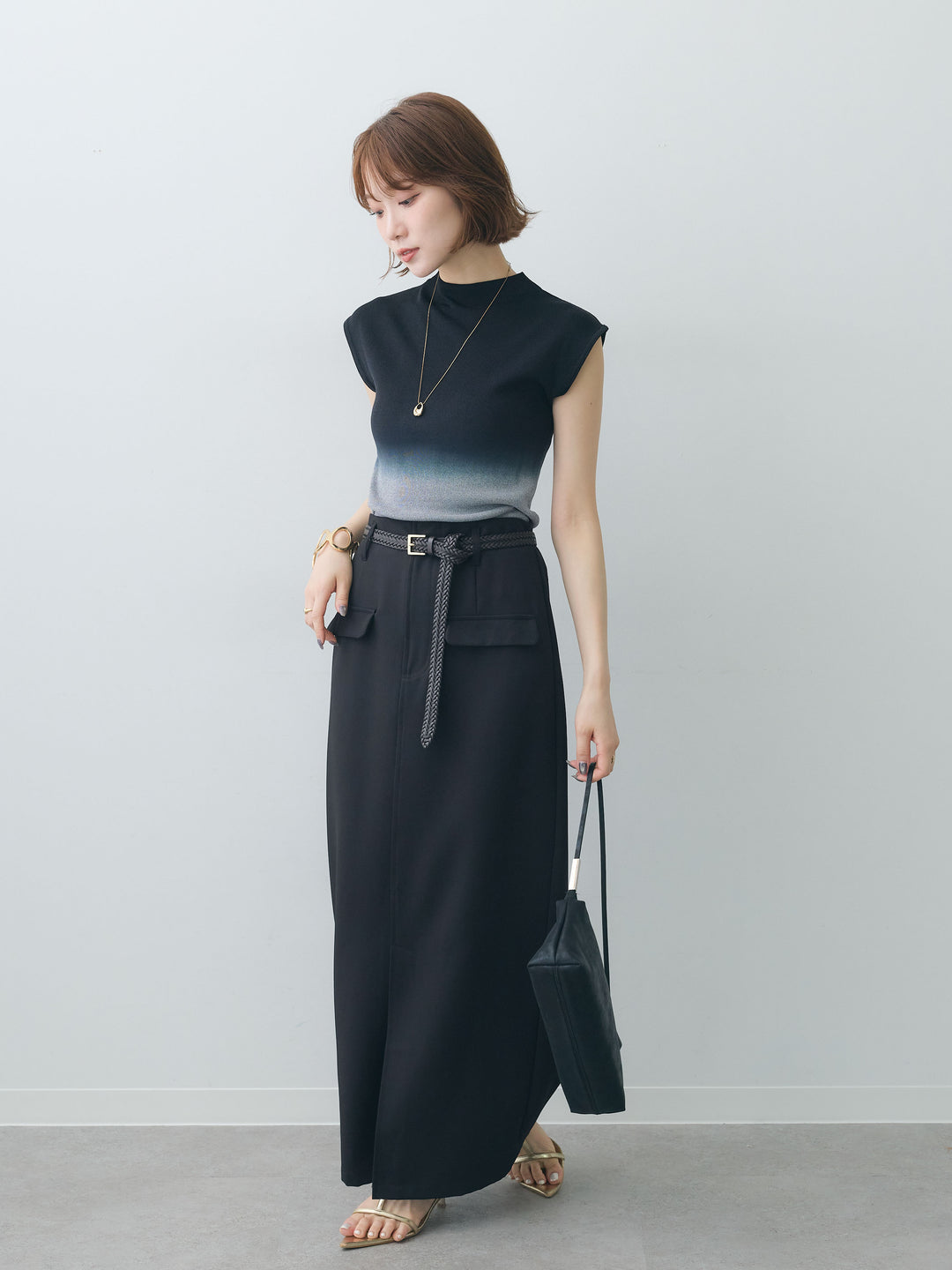 [予約]グラデーションフレンチリブニットトップス/black