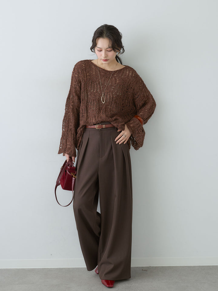 [予約]ミックスループ透かし編みニットトップス/brown