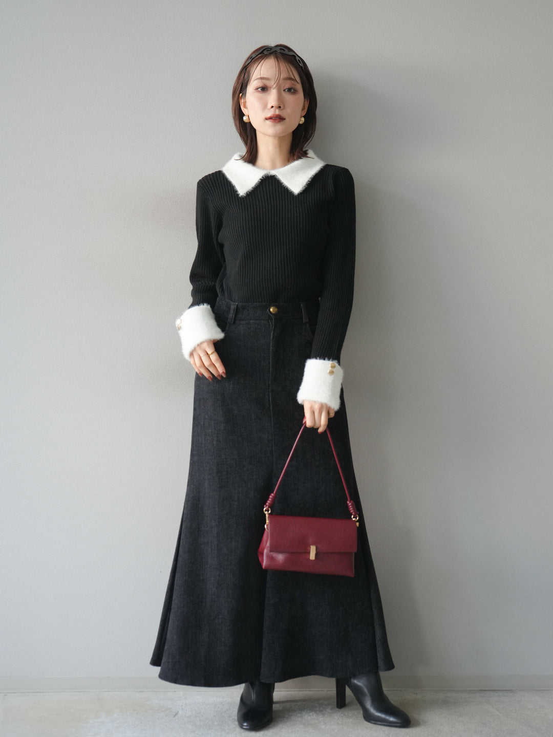 [SET]シャギー襟リブニットトップス+ベルベットマーメイドスカート(2set)