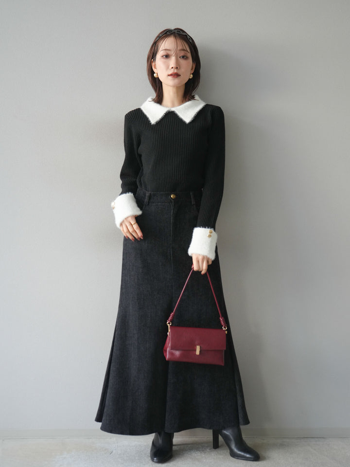 [SET]シャギー襟リブニットトップス+ベルベットマーメイドスカート(2set)