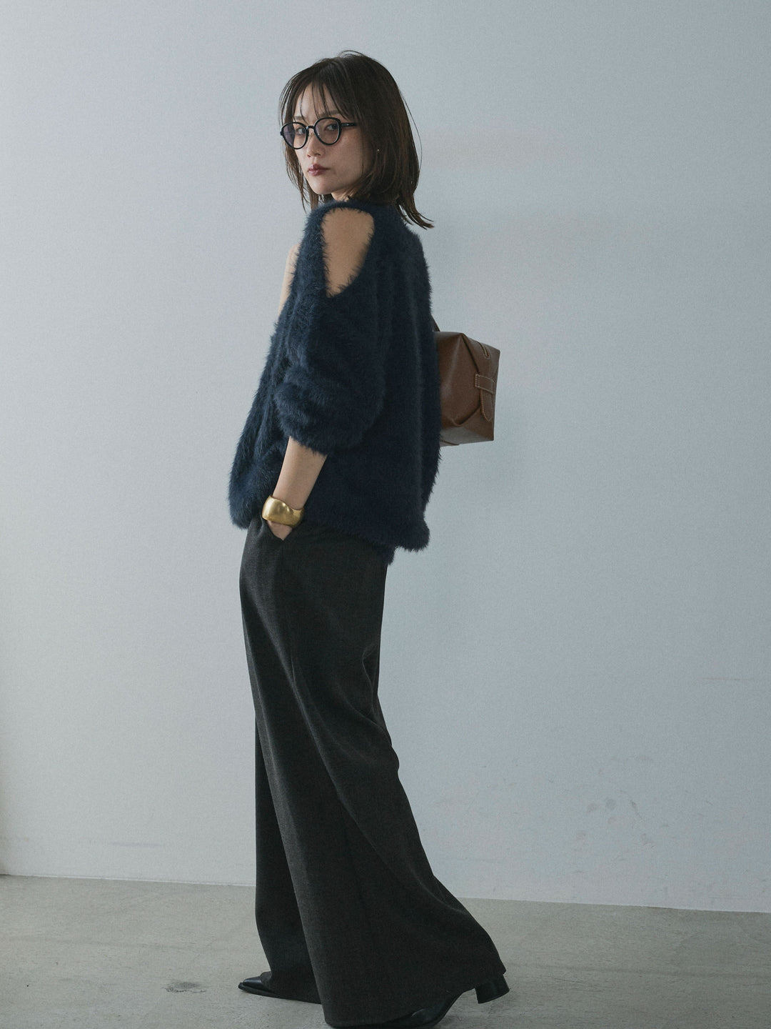 [予約]ショルダースリットシャギーニットプルオーバー/navy