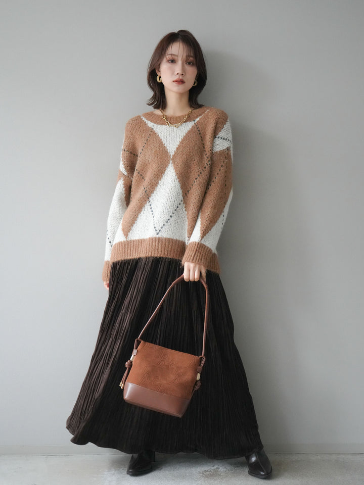 [SET]アーガイルオーバーニットプルオーバー+スエードワッシャープリーツスカート(2set)
