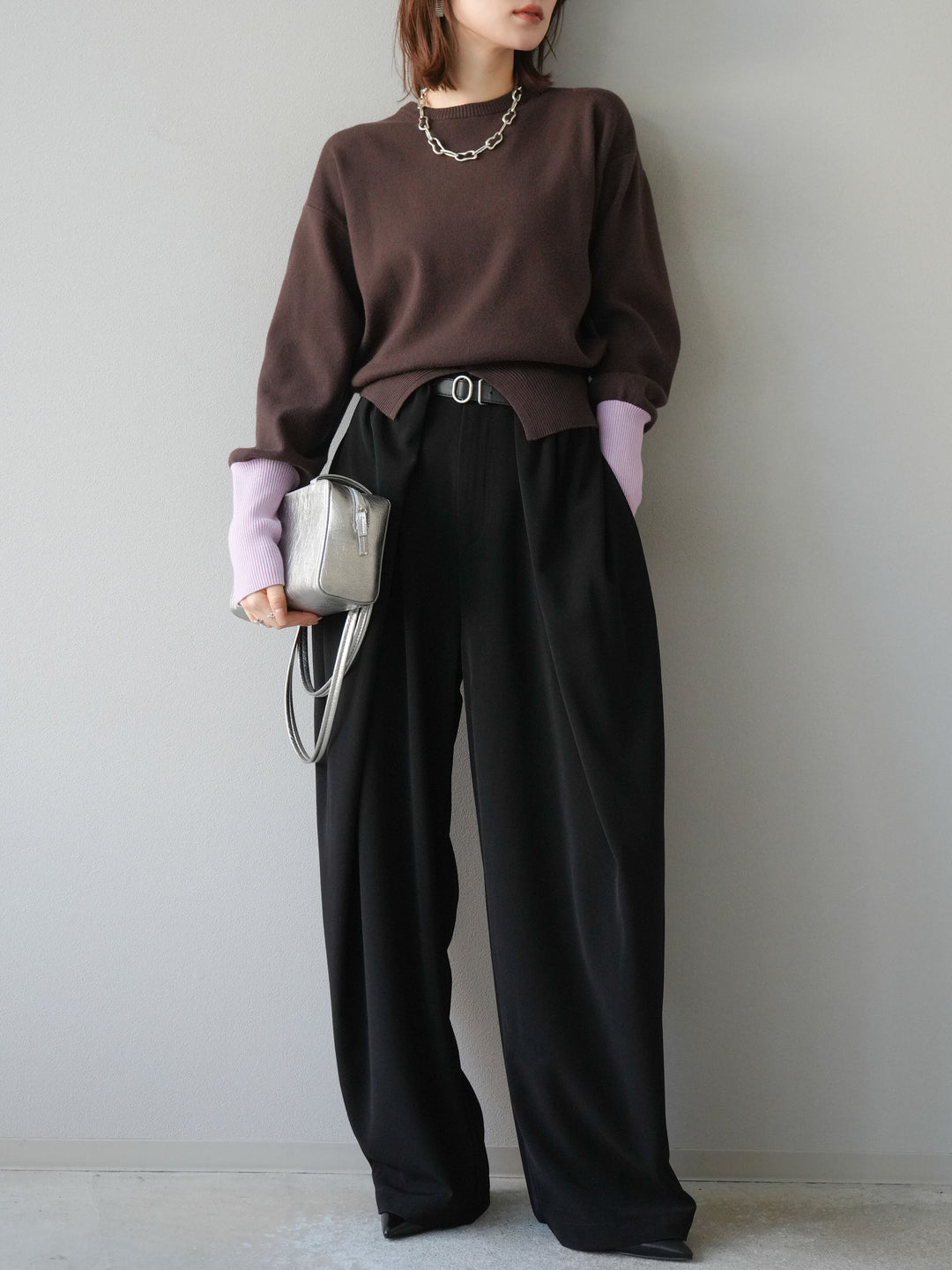 [予約]ベルト付タックワイドパンツ/ブラック