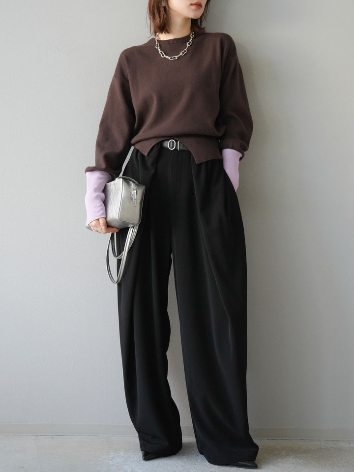[予約]ベルト付タックワイドパンツ/ブラック