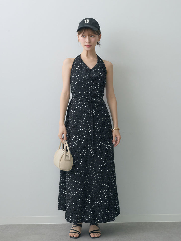 [SET]ホルターネックドット柄シャーリングデザインワンピース+選べるアクセセット(2set)