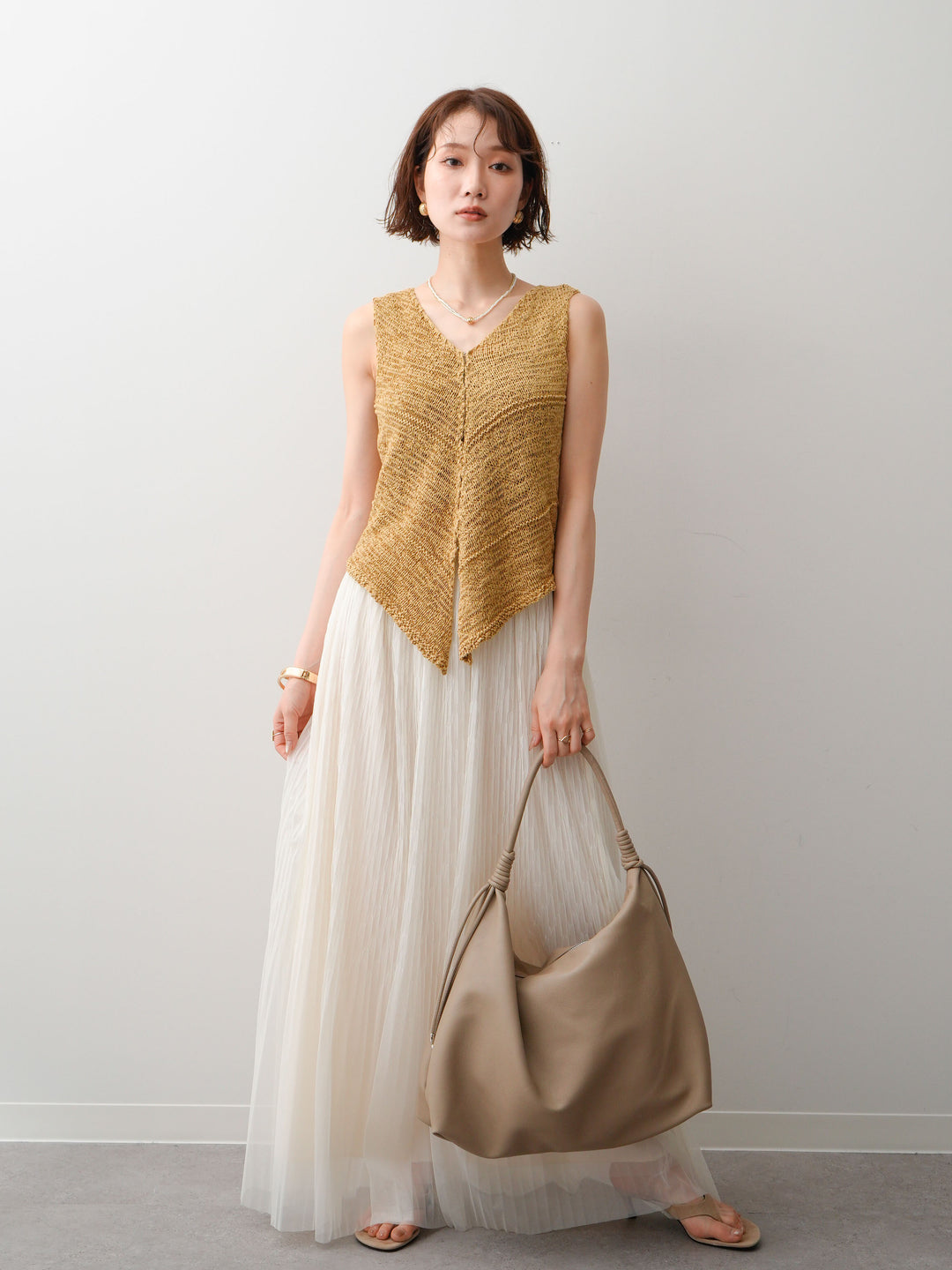 [予約]テープヤーンVネックニットトップス/khaki