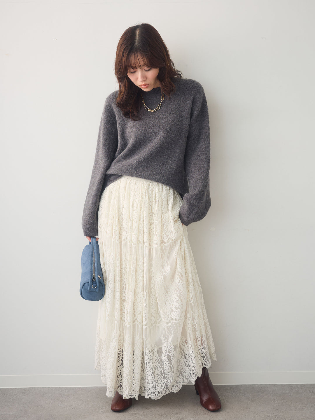 [予約]ソフトヘアリークルーネックニットトップス/darkgray