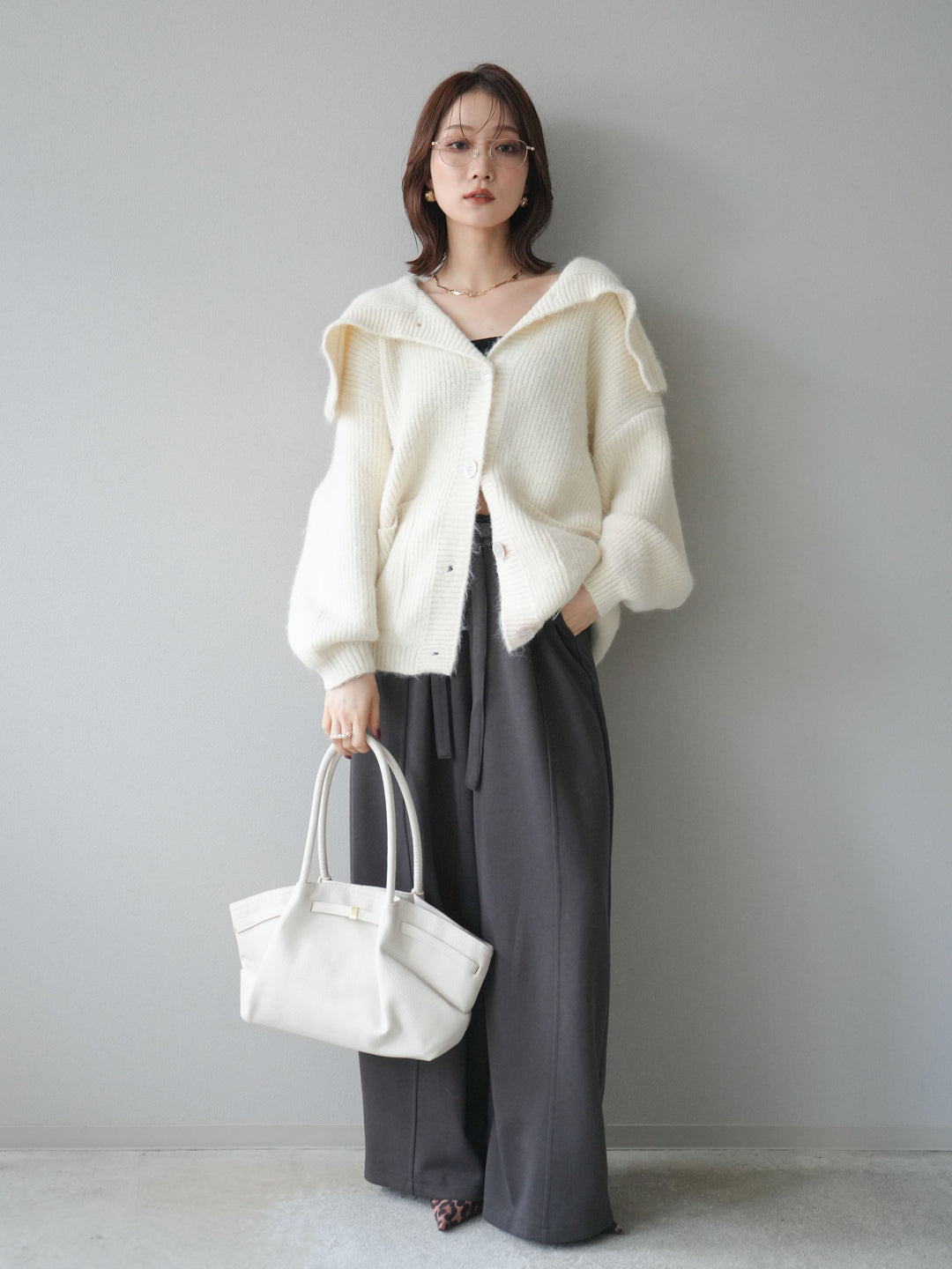 [予約]襟付きボタンオーバーニットカーディガン/ivory