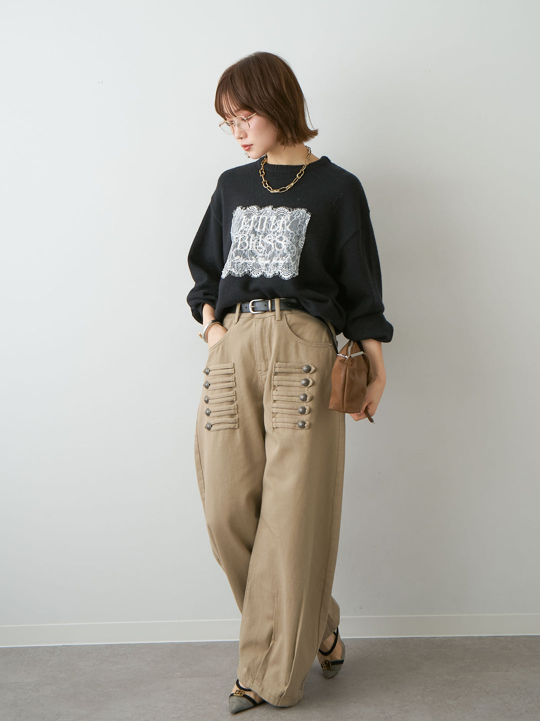 [SET]アルパカタッチ刺繍レースロゴニットプルオーバー+ナポレオンコットンカーブパンツ(2set)