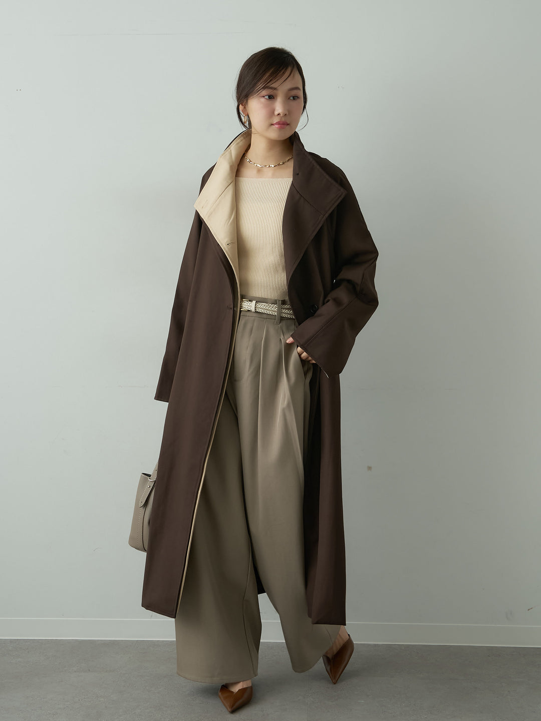 [予約]バイカラーロングトレンチコート/brown