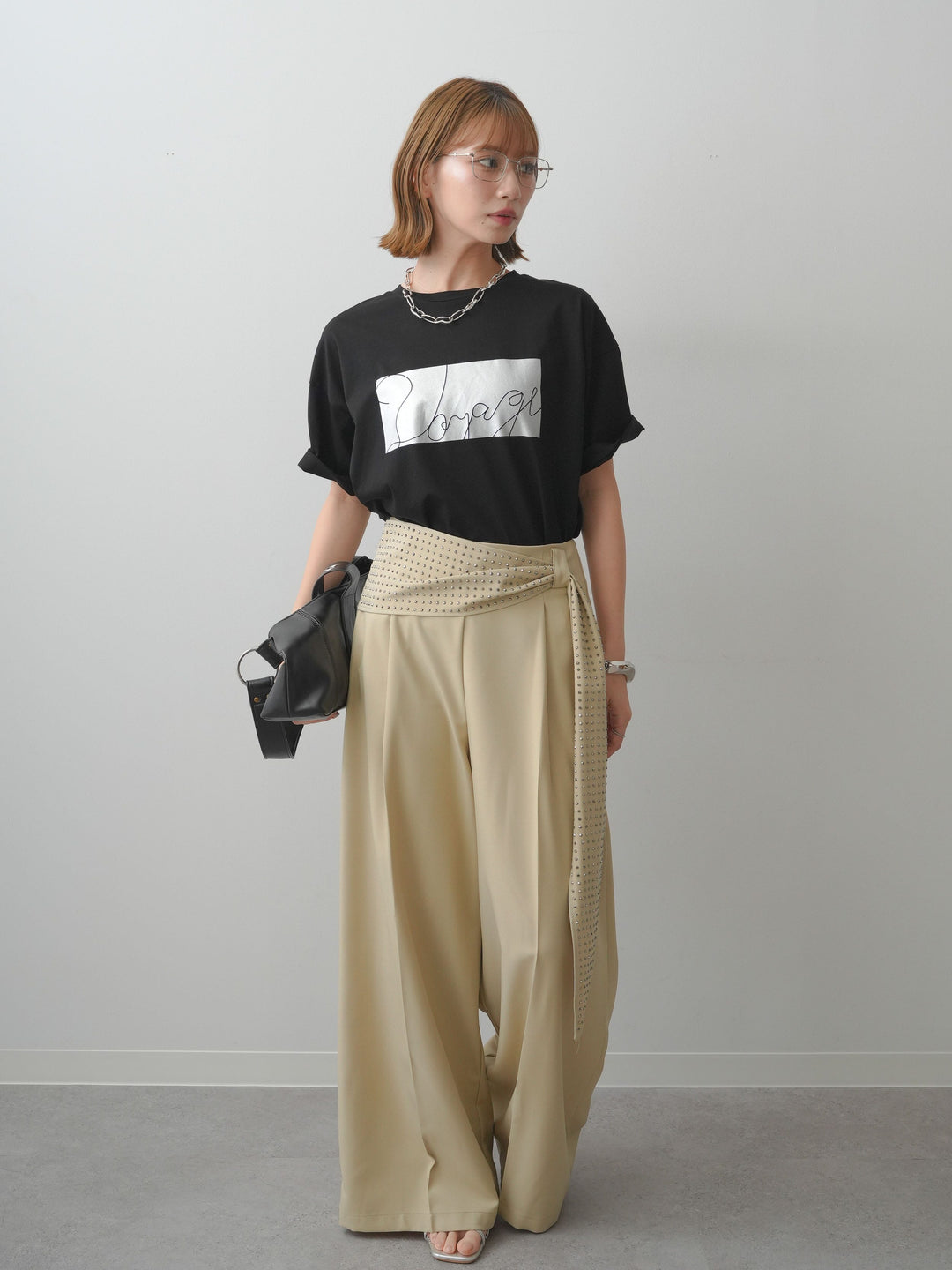 [SET]箔プリントボックスTEE+ビジューベルトタックワイドパンツ(2set)
