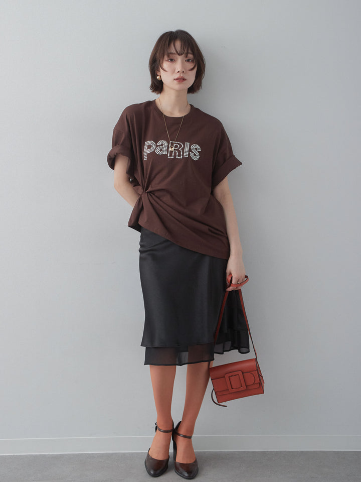 [SET]スタッズロゴTEE+サテンシフォンレイヤードスカート(2set)