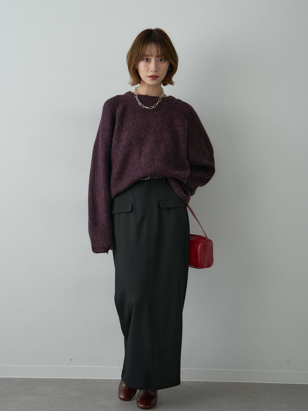 [SET]メランジクルーネックワイドプルオーバー+クレープデシンフラップ付きストレートスカート(2set)