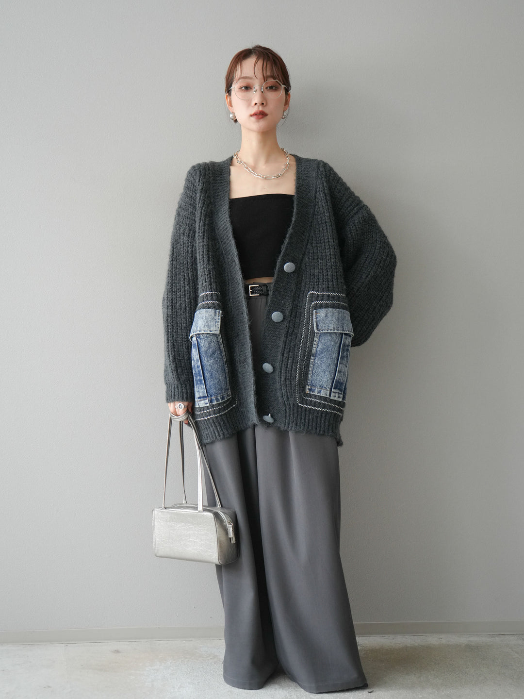 [予約]デニムポケットハンドステッチカーディガン/gray