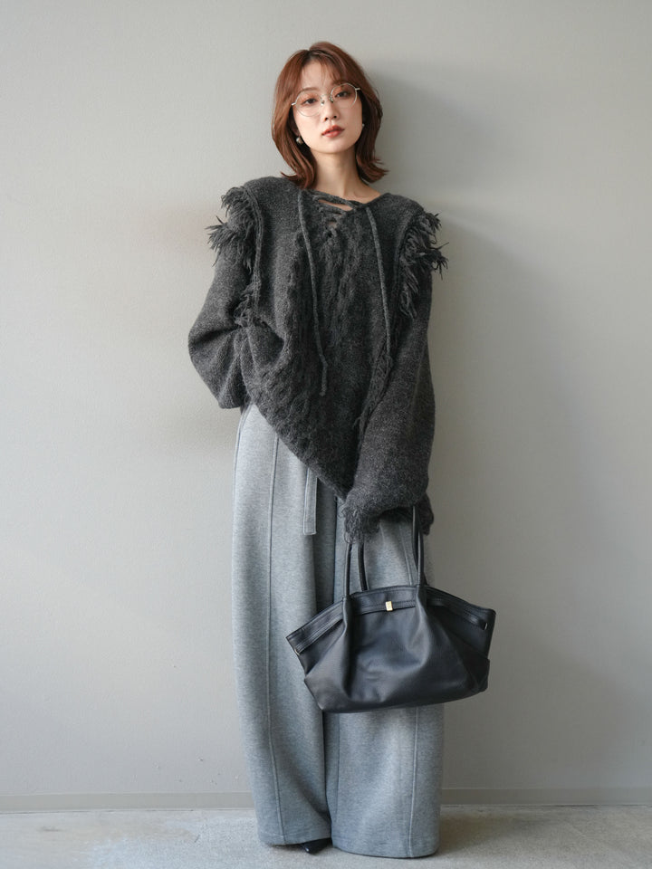 [予約]レースアップフリンジニットプルオーバー/gray