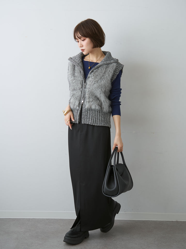 [SET]メランジファーニットベスト+クレープデシンフラップ付きストレートスカート(2set)
