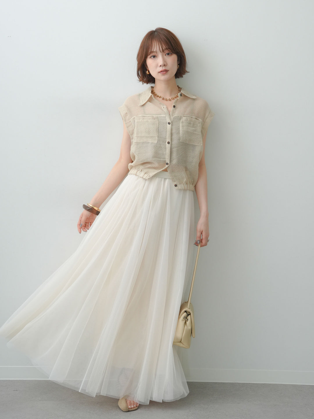 [SET]ラッセルメッシュフレンチシャツ+チュールボリュームスカート(2set)