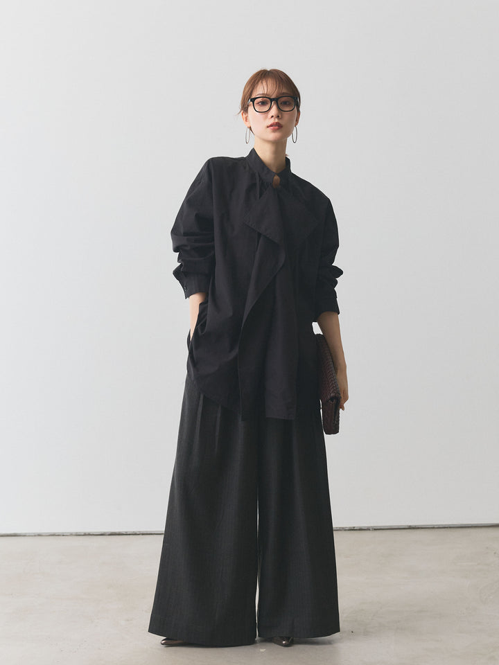 [予約]ピーチスキンデザインネックオーバーシャツ/ブラック