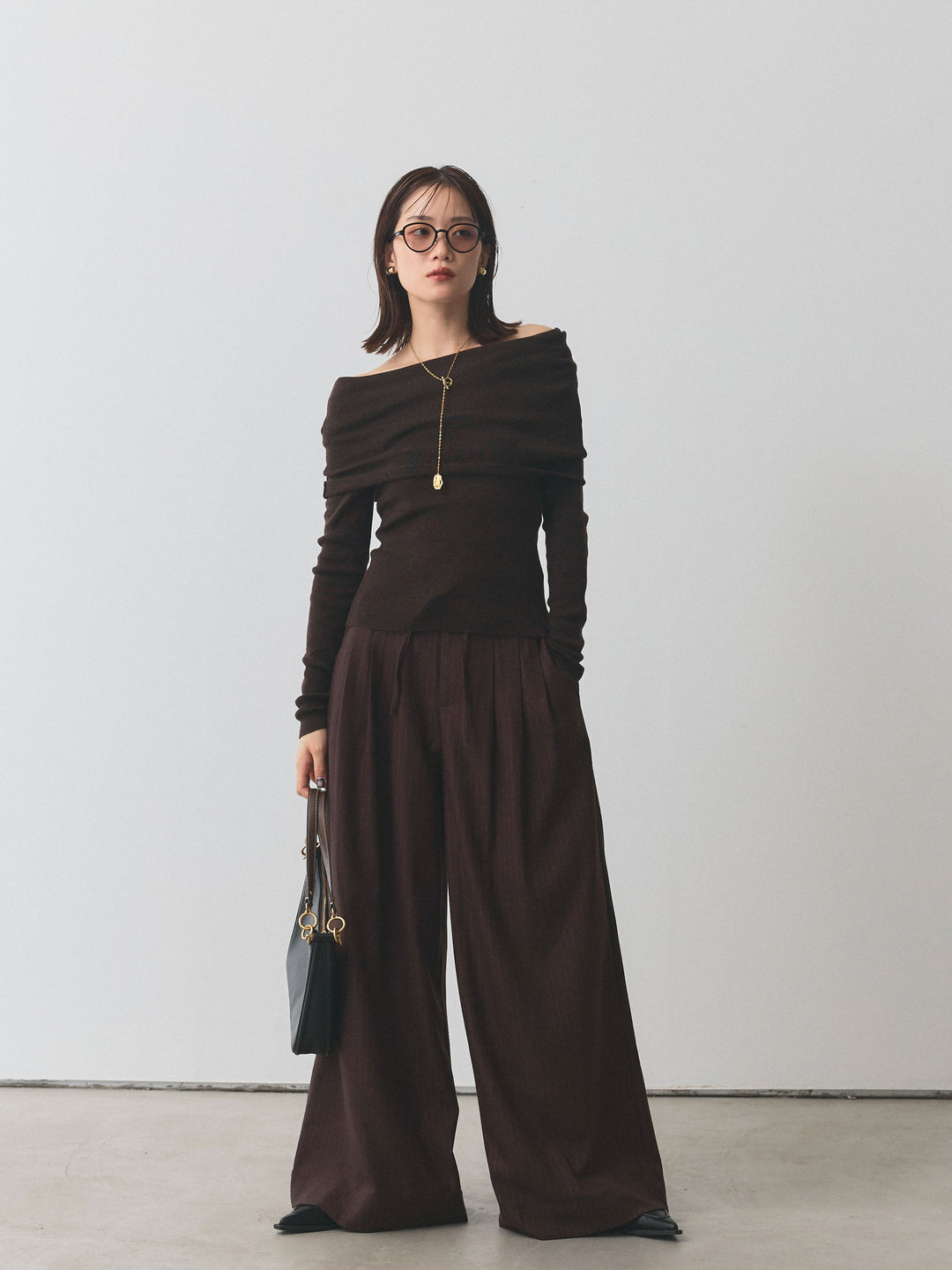 【Allure】[SET]オフショルニットトップス+ウールライクストライプワイドパンツ(2set)