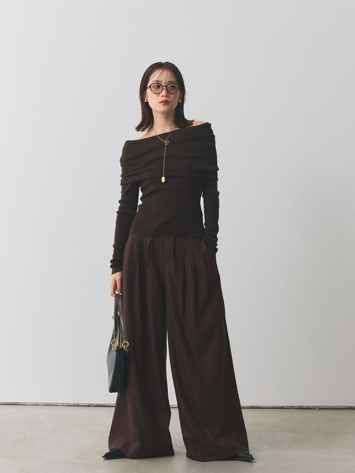 【Allure】[SET]オフショルニットトップス+ウールライクストライプワイドパンツ(2set)