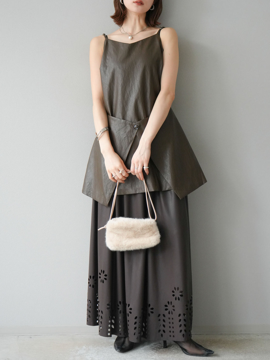 [予約]レイヤードレザーキャミソールチュニック/ブラウン