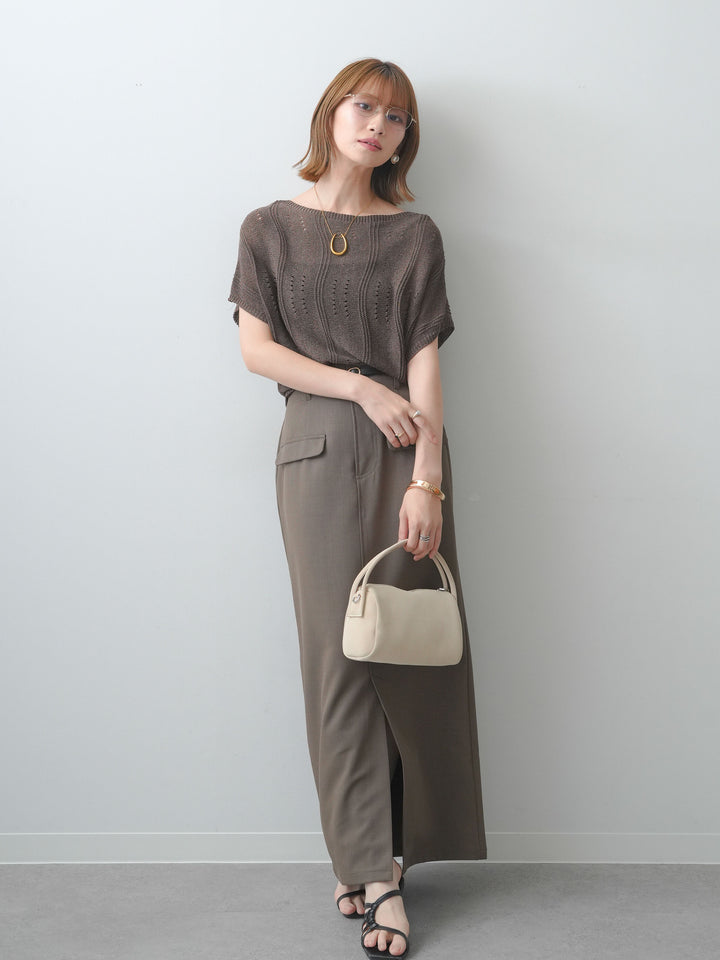 [SET]アイレットサマーニットトップス+クレープデシンフラップ付きストレートスカート(2set)