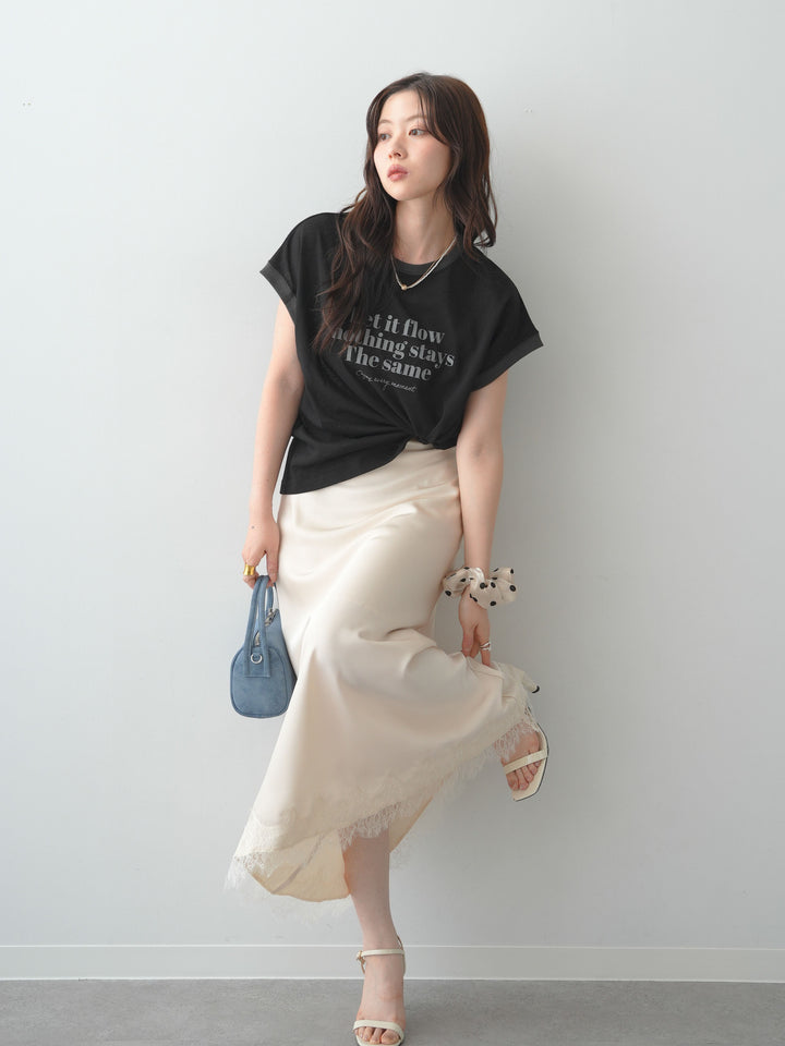 [SET]シアースラブバイカラーフレンチTEE+レースヘムサテンIラインスカート(2set)
