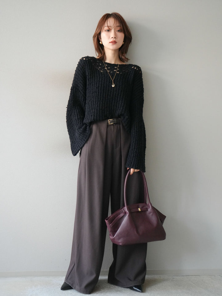 [予約]ボートネック透かし編みニットプルオーバー/navy