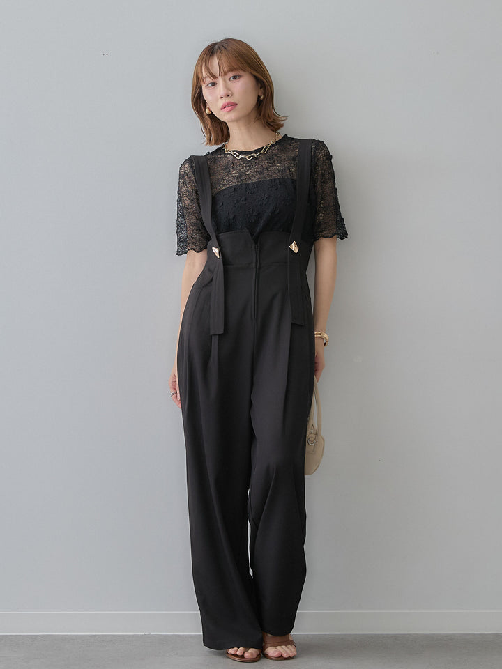 [予約]フラワーモチーフレーストップス/black