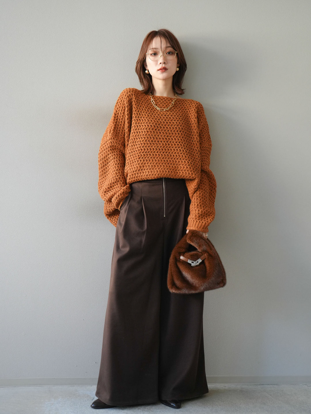 [予約]ネップ透かし編みオーバーニット/camel
