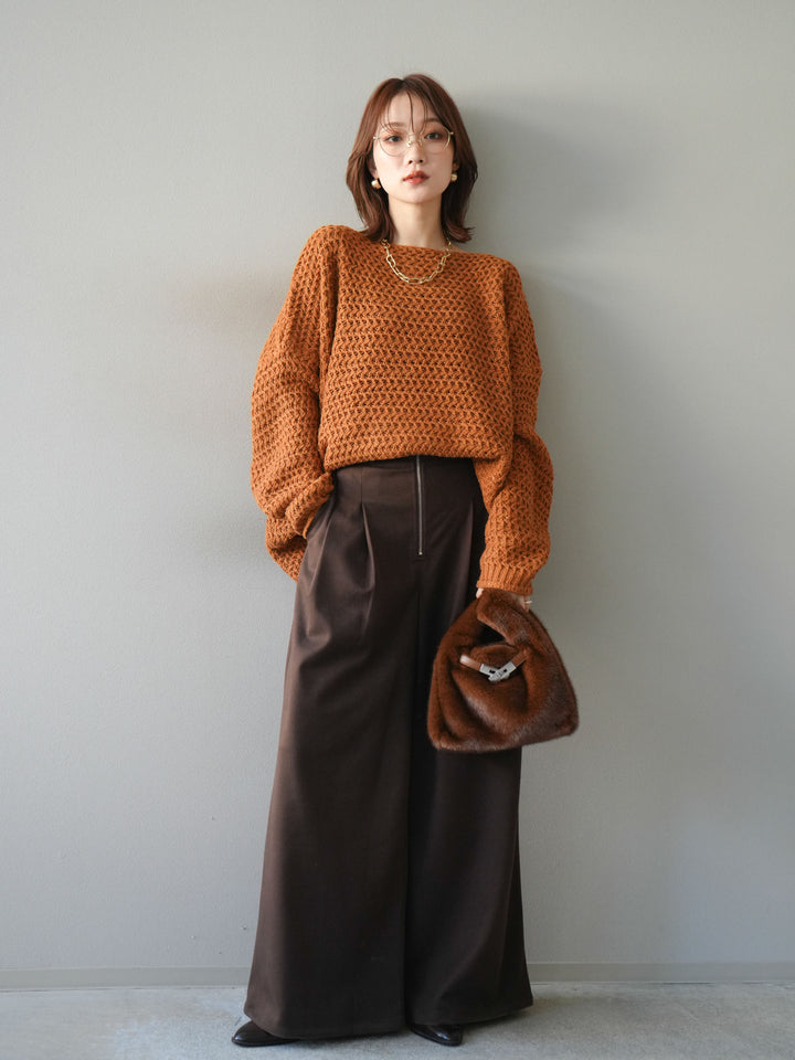 [予約]ネップ透かし編みオーバーニット/camel