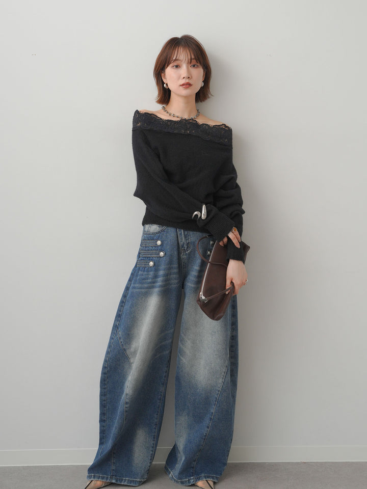 [SET]ショルダーレースオフショルニットトップス+ショルダーレースオフショルニットトップス(2set)