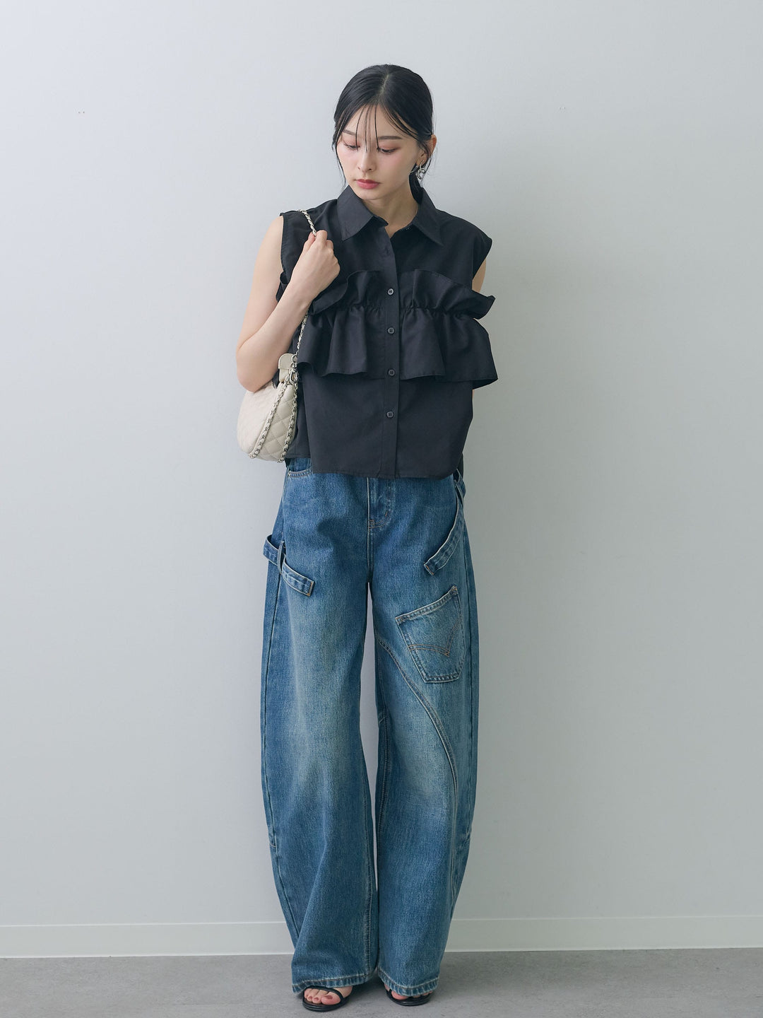 [SET]フリルノースリーブシャツ+ペインターカーブデニムパンツ(2set)
