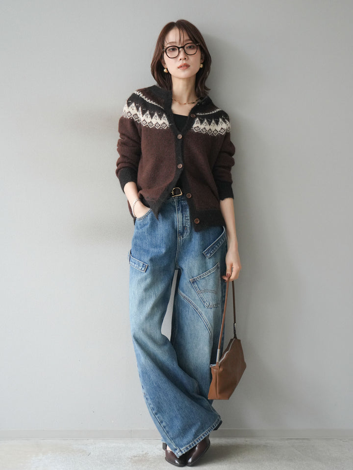 [SET]ノルディック柄ニットカーディガン+ペインターカーブデニムパンツ(2set)