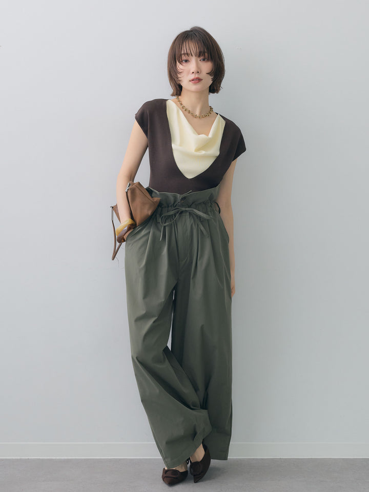 [予約]レイヤードデザインスリムフレンチニットトップス/brown