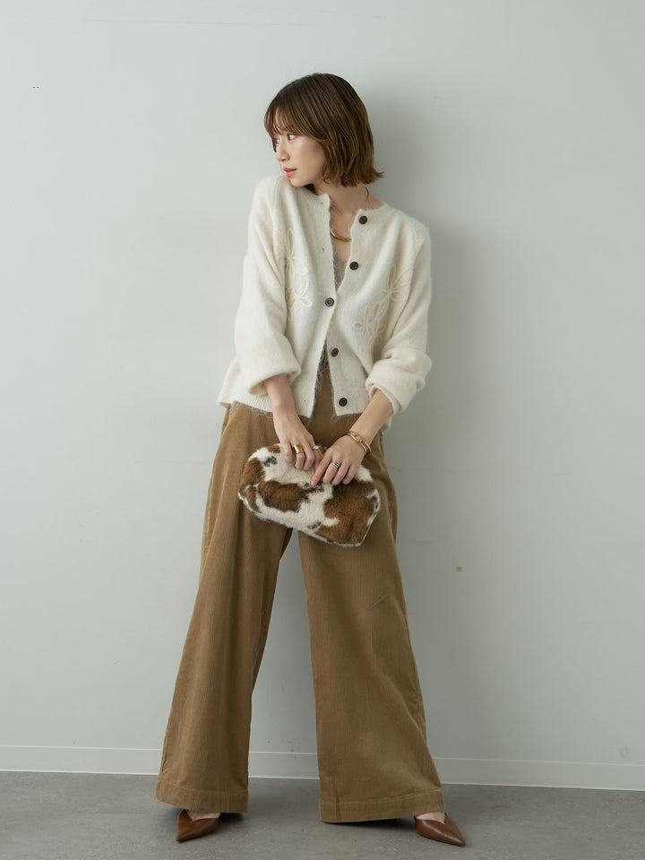 [SET]フラワーエンブロイダリーカーディガン+ベルト付コーディロイワイドストレートパンツ(2set)