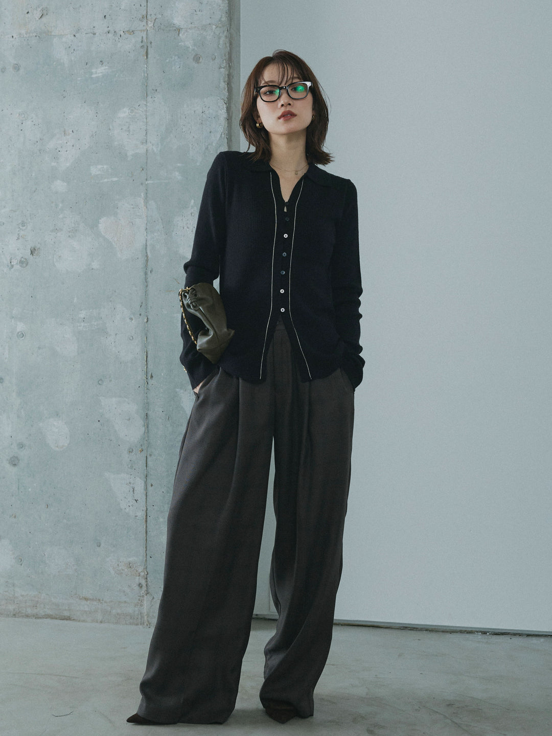 【Allure】[SET]リブ配色ラインポロニットカーディガン+リブ配色ラインポロニットカーディガン(2set)