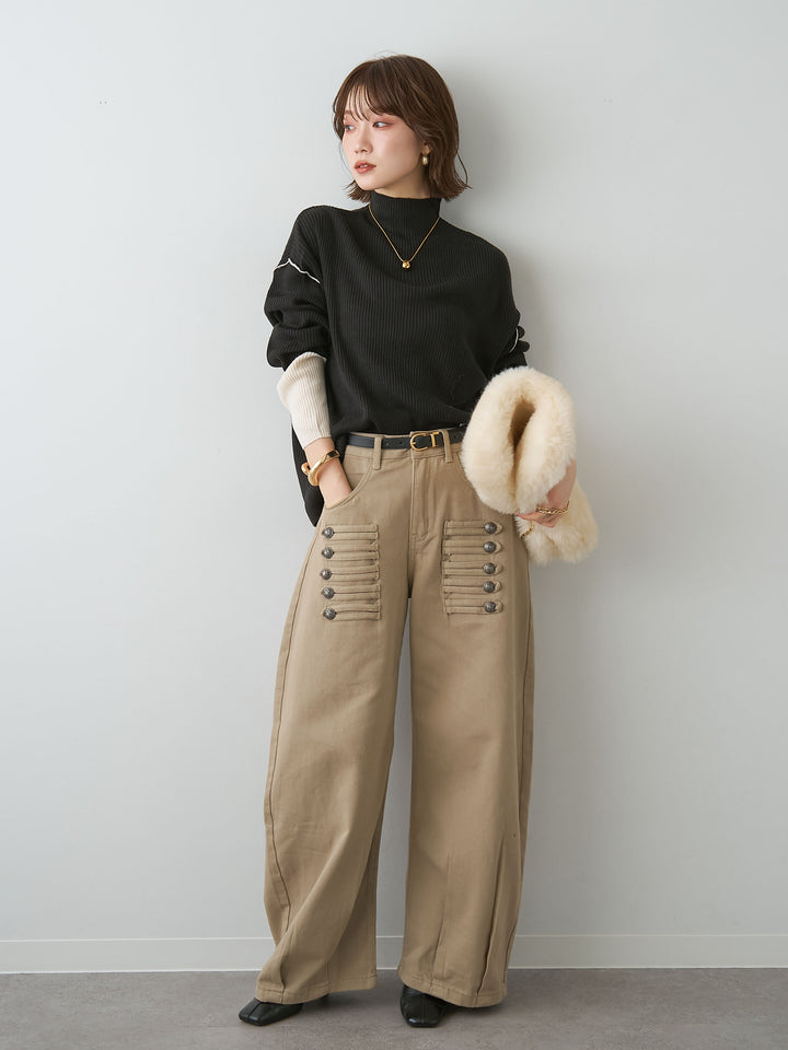 [予約]バイカラーモックネックリブニットトップス/black